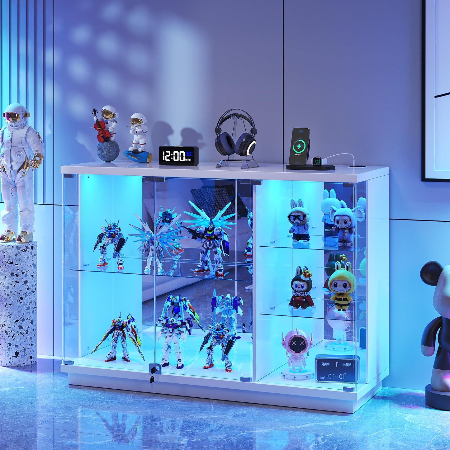 Lvifur Glass Display Cabinet with Lock & LED Light, High Gloss Sideboard with Human Body Sensor & Glass Shelves for Toys, Books, Collectibles, Liquor, Bookcase for Living Room, Kitchen, Study, White