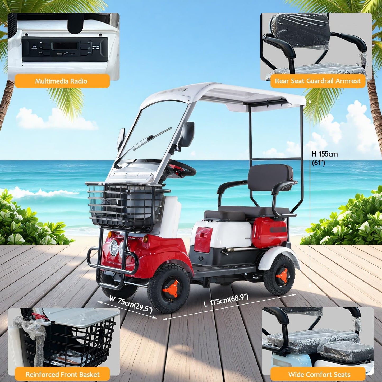 HAOWEIH Electric Golf Cart for Adults, 13 MPH, 440 LBS Capacity, Electric Golf Cart with Independent Suspension for Golf, for Golf, Neighborhood, Camping & Resorts(Lithium battery-650W+60V30AH)