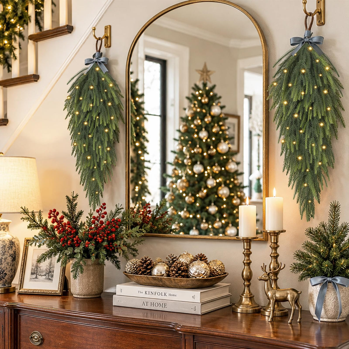 2 Pcs 30” Length Artificial Norfolk Pine Christmas Teardrop Swag with Light