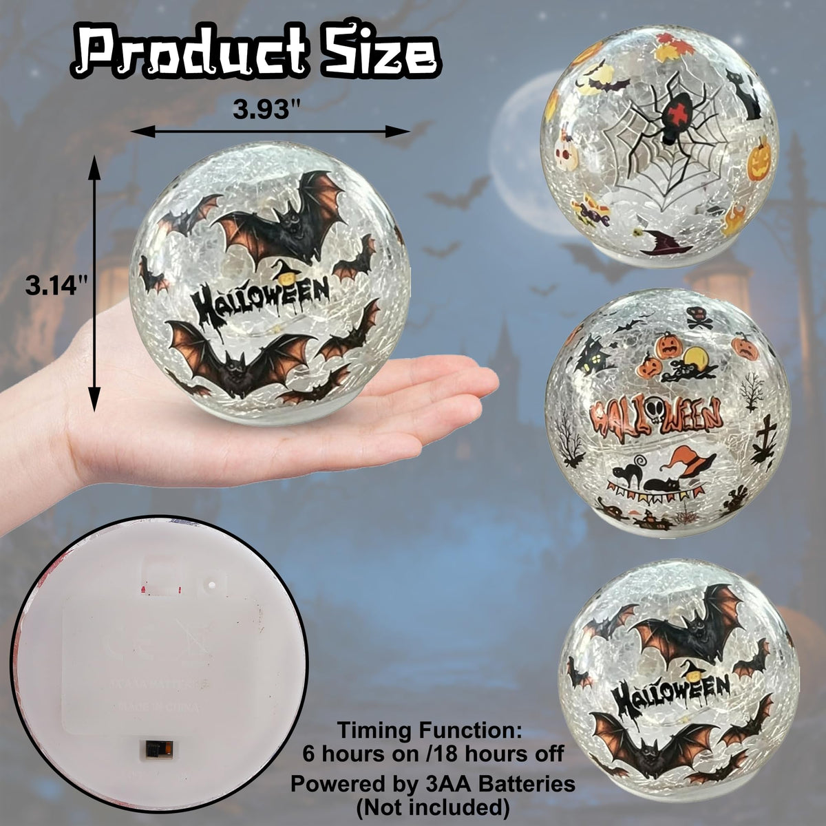 3 Pack Halloween Desktop Decorative Lights, Interior Decorations, LED Cracked Glass Ball Lights with Timer (Brown Bat)