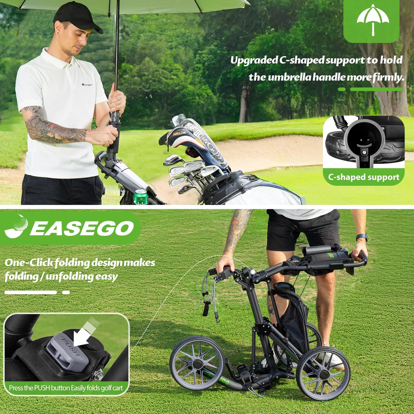 EASEGO Golf Push Cart 3 Wheel : Golf Caddy Pull Cart, One Click Folding Golf Bag Cart Lightweight Compact Golf Trolley with Cooler Bag, Umbrella, Cup & Phone Holder for Different Terrain