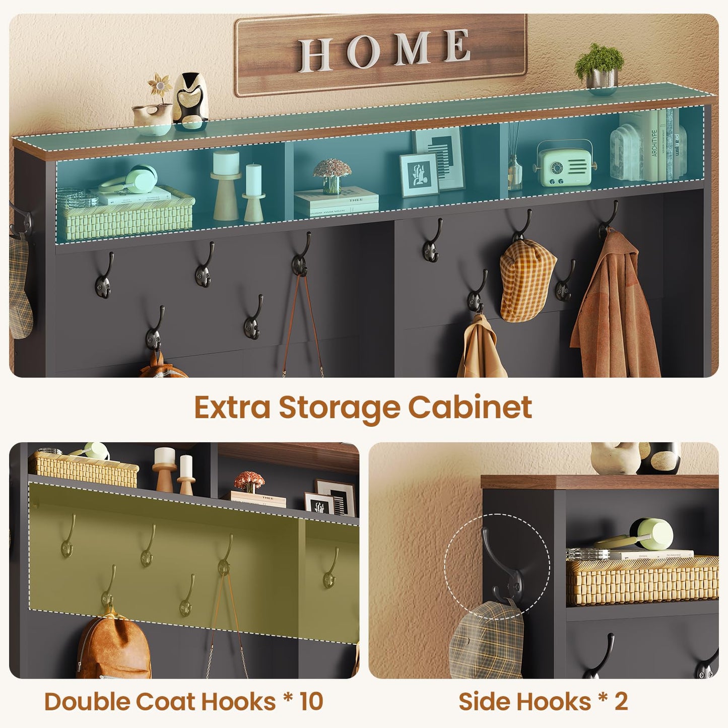 Itaar Hall Tree with Bench and Shoe Storage, 5-in-1 Entryway Bench with Coat Rack, 16 Shoe Cubbies & 12 Coat Hooks, Barn Door & Adjustable Shelf (Black)