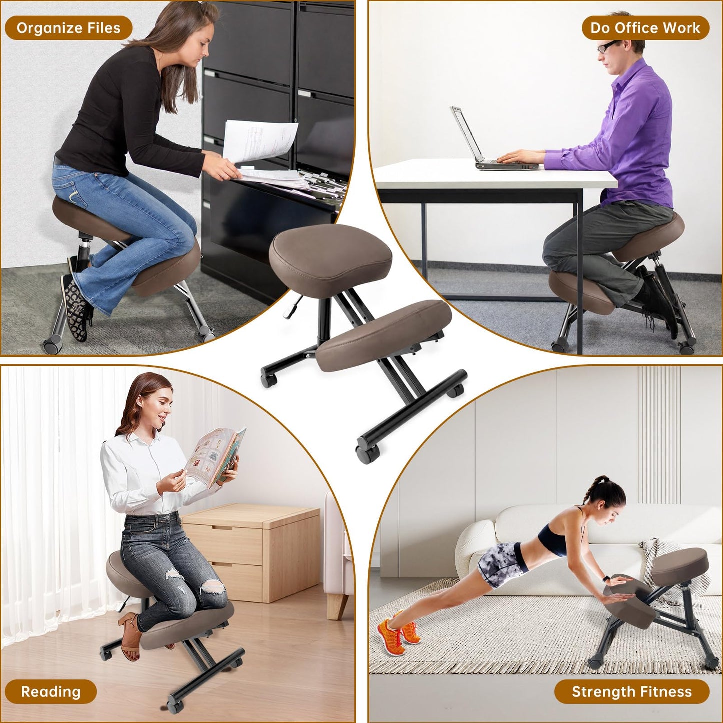PU Leather Ergonomic Kneeling Chair, Adjustable Home and Office Stool with Thick Pads and Flexible Lockable Brake Wheels for Back Pain Relief（Coffee Brown）