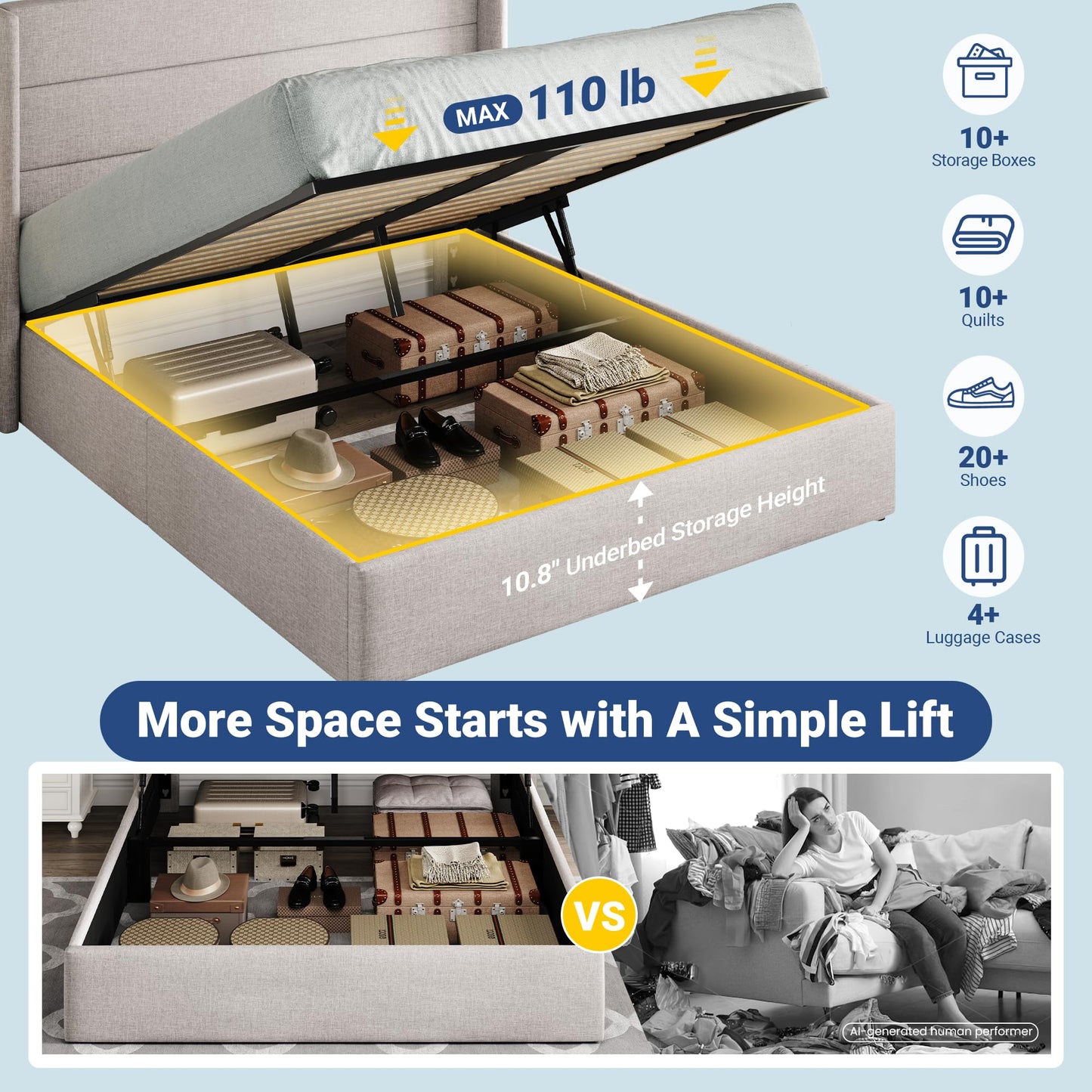 Allewie Full Size Lift Up Hydraulic Storage Bed Frame Light Beige