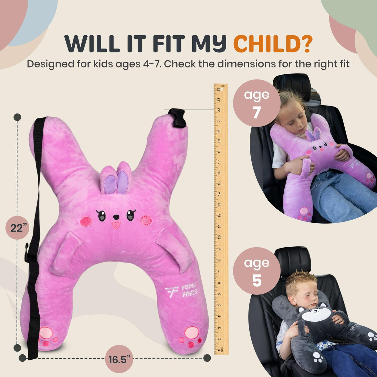 FOMO Finds Kids Car Sleeping Pillow, Neck & Back Support, Purple Rabbit