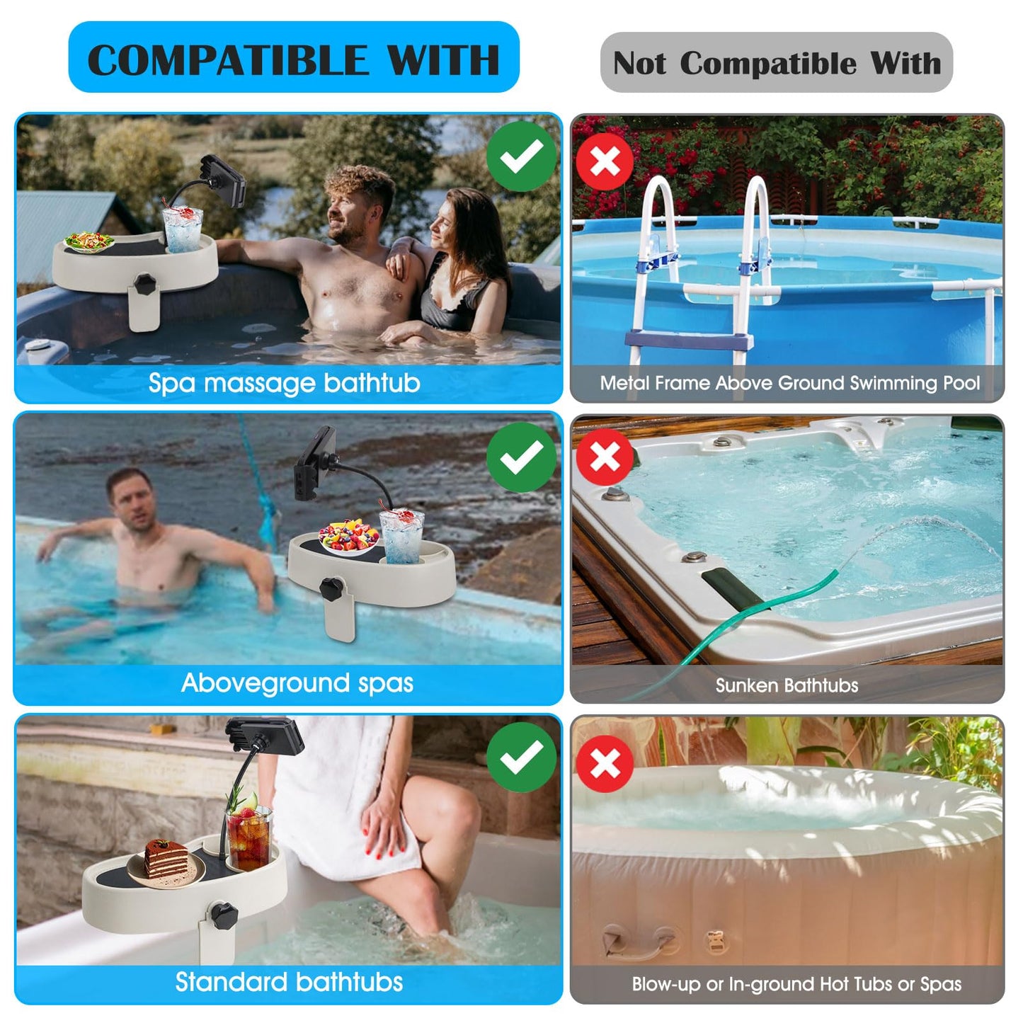 Hot Tub Table Tray with Adjustable Phone Holder, Nonslip Bathtub Table Tray Between 2.4-7.4" Hot Tub Accessories for Adults with 2 Cup Holders, Clip-on Pool Side Table for Above Ground Bathtub (Beige)