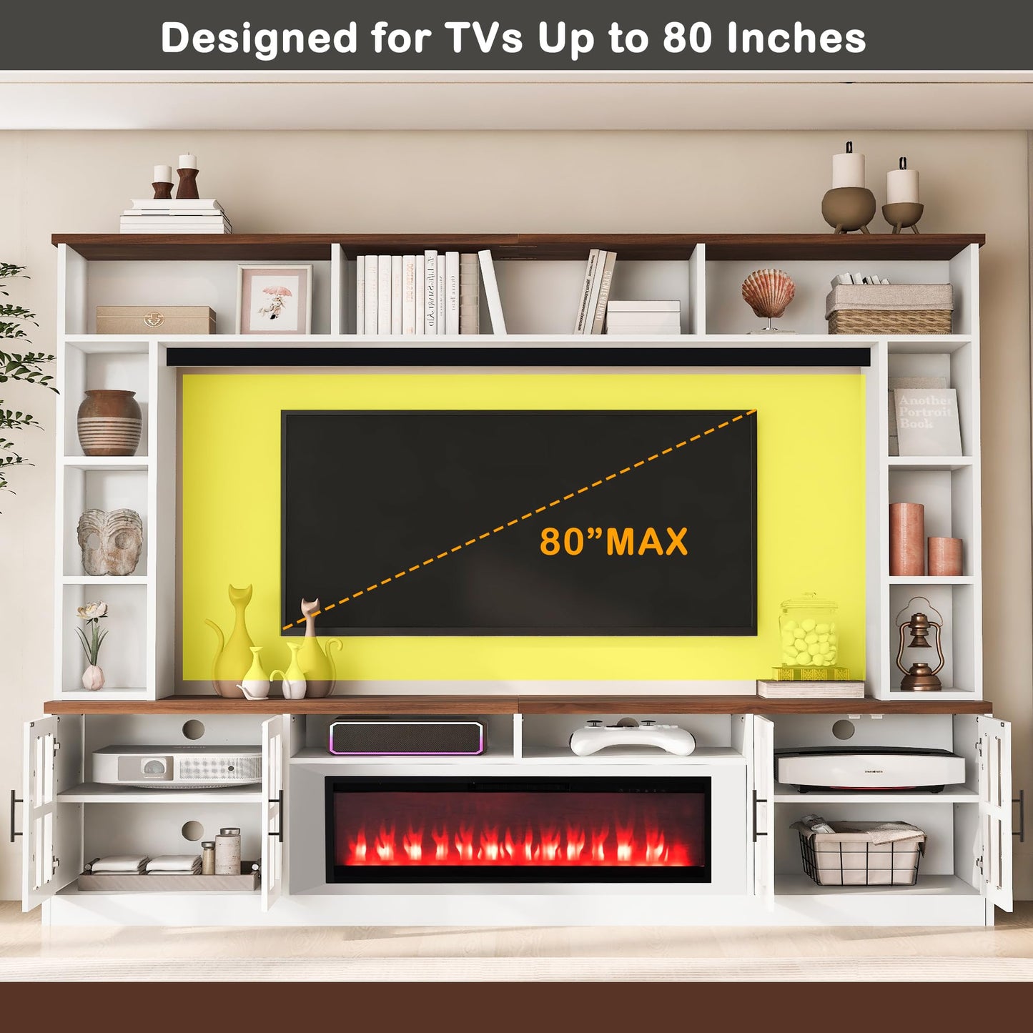 TUNGTAR Entertainment Center with Electric Fireplace, Solid Wood, Modern Farmhouse, for TVs up to 80", Glass Cabinet Doors, Adjustable Shelves, 95.5" W (White + Walnut)