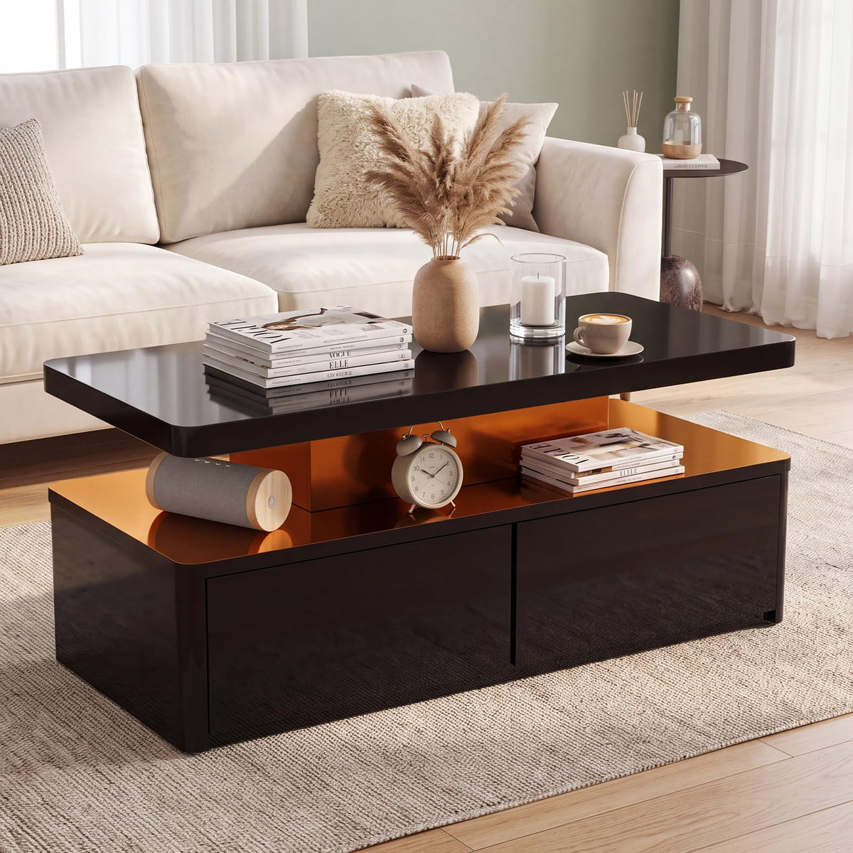 OneBlis 40" LED Coffee Table with 2 Large Drawers, 60,000-Color Lights App Control, Rectangular Center Table, High Glossy Modern Tea Table for Living Room, Black