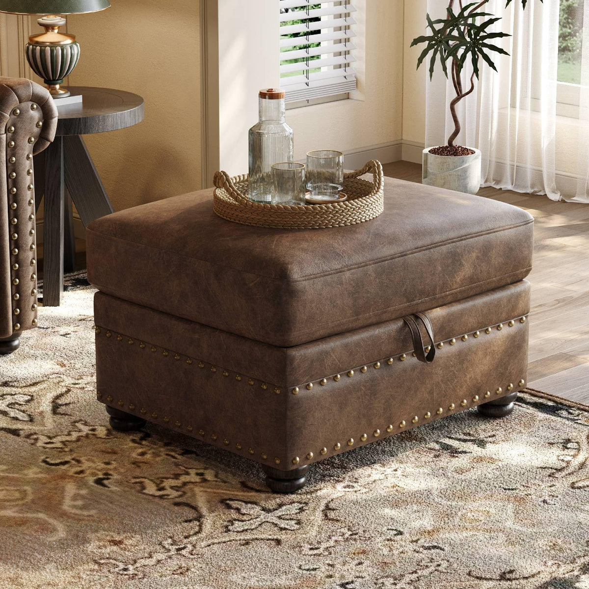 ONBRILL Faux Leather Ottoman with Storage, Rectangle Leather Foot Stool