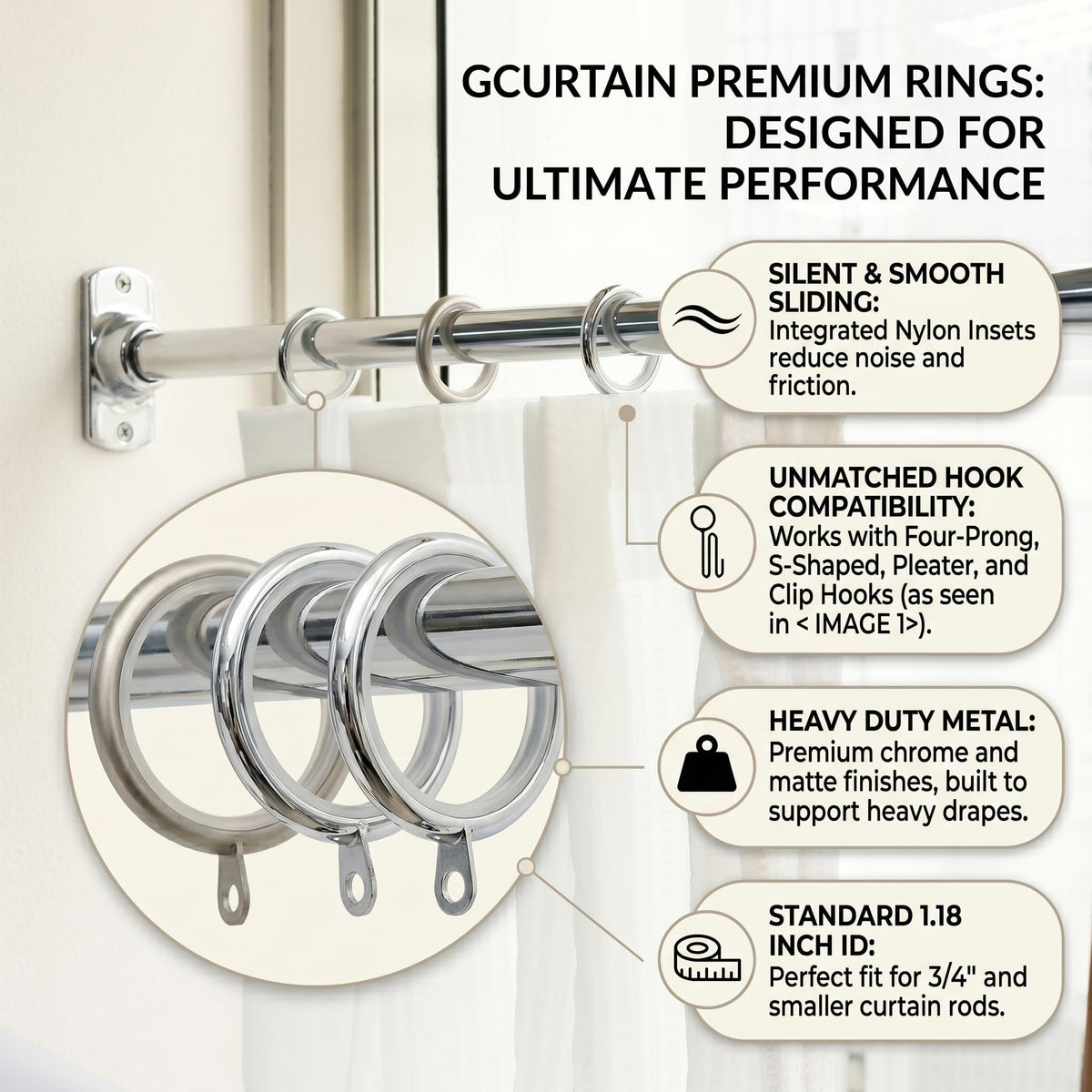 GCurtain Metal Curtain Rings with Eyelets and Nylon Insets, Set of 12, 1.18 Inch Inner Diameter Drapery Rings for 3/4" Rods, Quiet & Scratch-Resistant, Premium Duty Curtain Hardware, Brushed Nickel