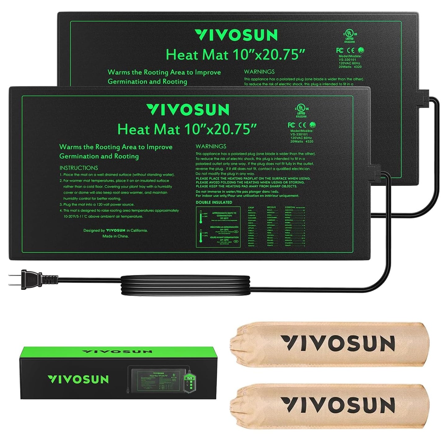 VIVOSUN 2 Pack Durable Waterproof Seedling Heat Mat 10" x 20.75" UL & MET-Certified Warm Hydroponic Heating Pad for Germination, Indoor Gardening, Greenhouse