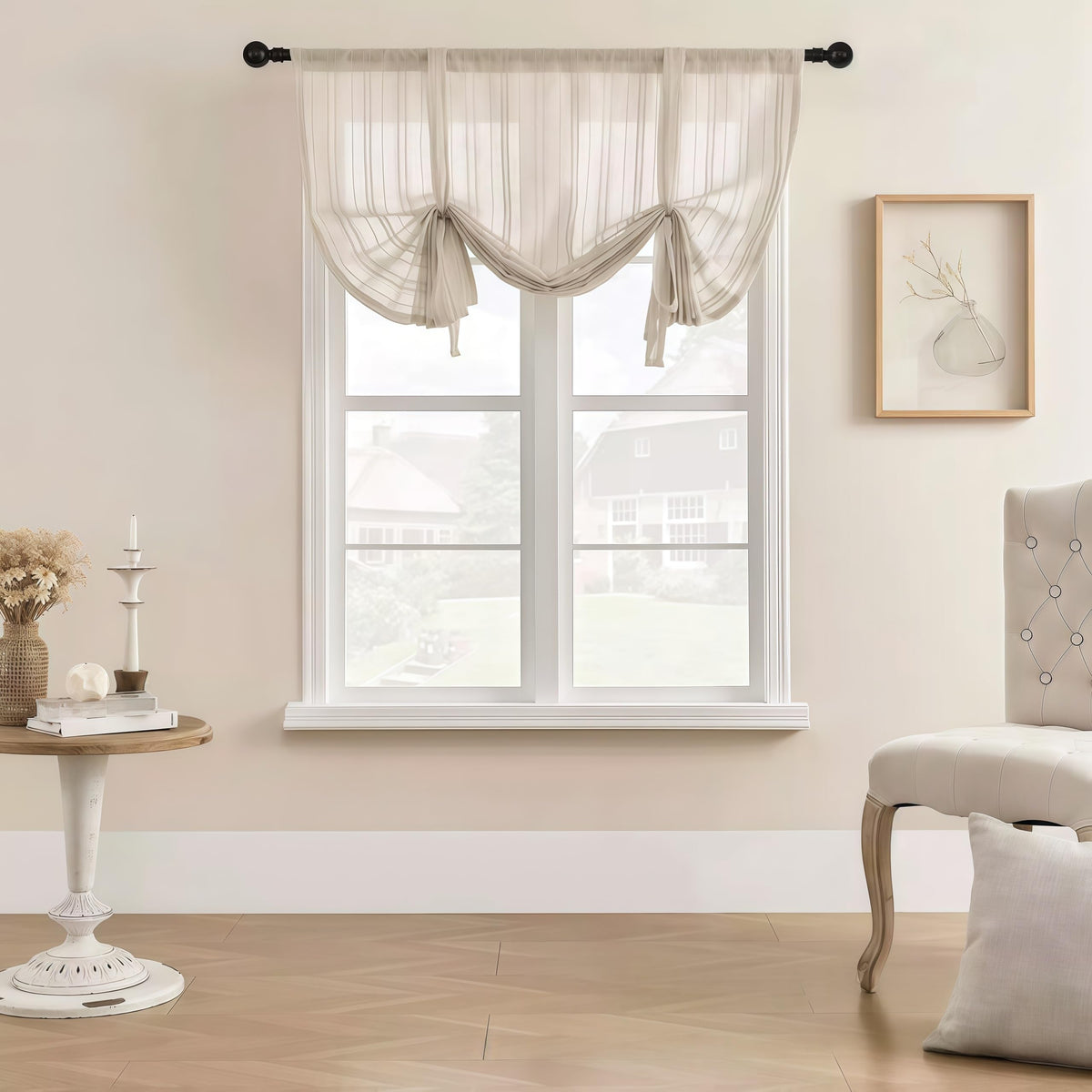 Gxi Beige Striped Sheer Curtain Tie Up Balloon Curtain for Kitchen Bathroom