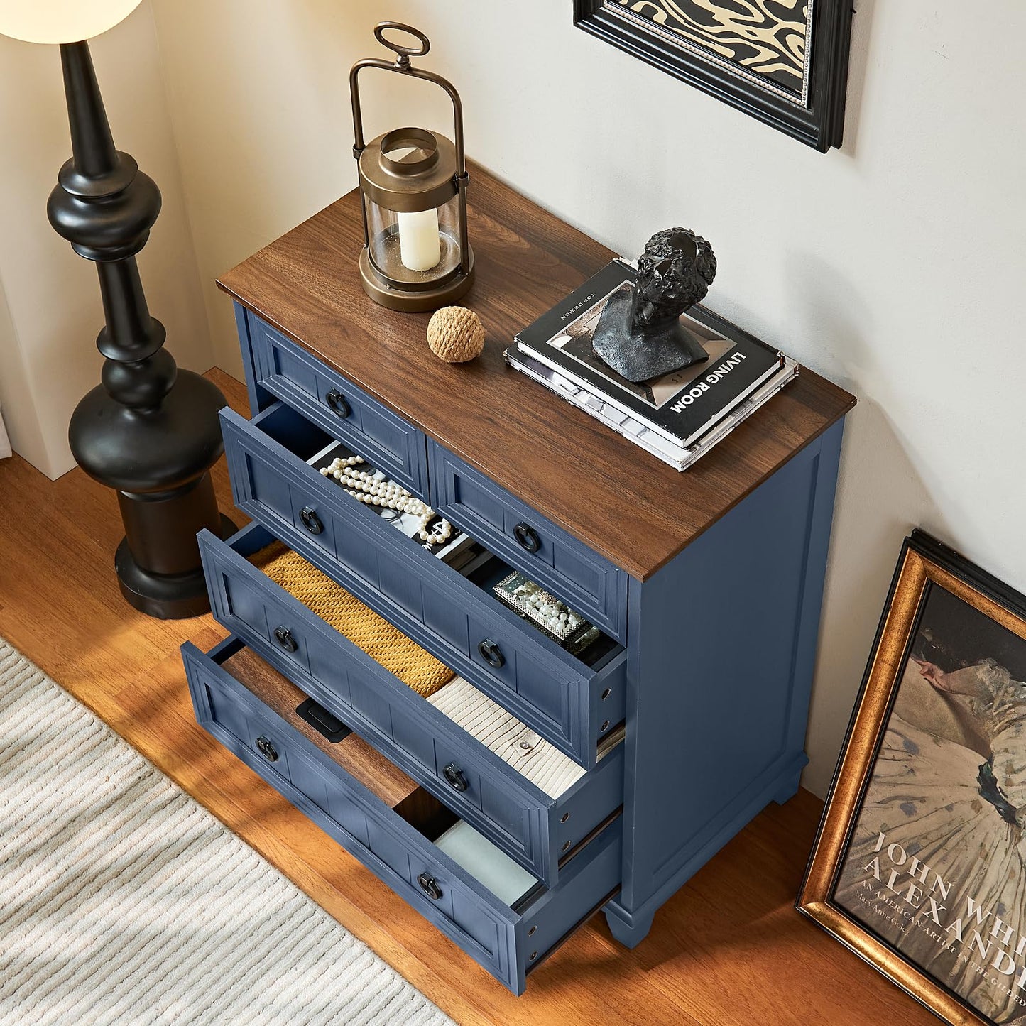 Joaxswe Farmhouse 5 Drawer Dresser for Bedroom, 33.2" Tall Small Dressers & Chest of Drawers, Rustic Wood Dresser with Metal Handle, Storage Organizer Closet for Living Room, Hallway, Entryway