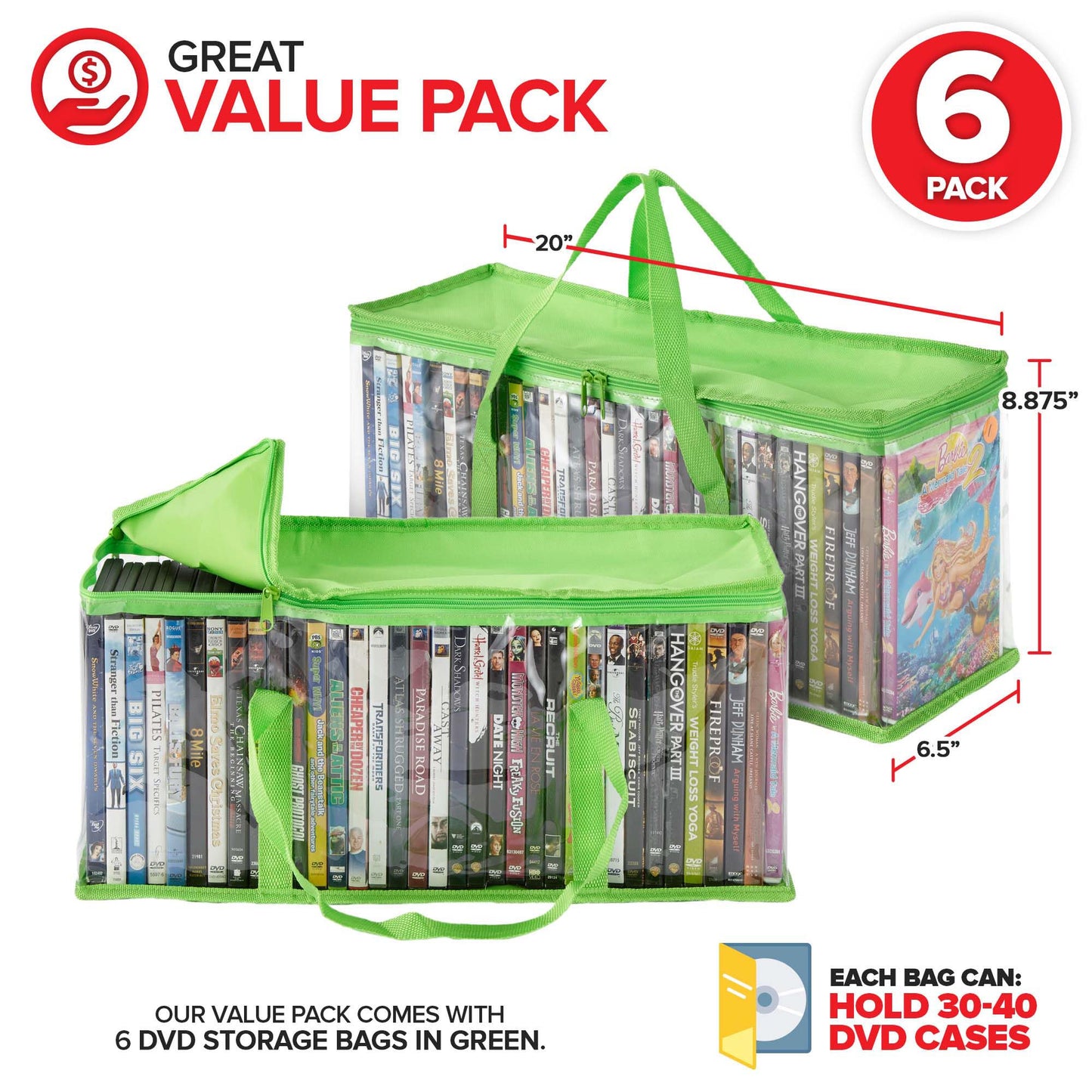Stock Your Home DVD Storage Bags (Set of 6) Media Organizer Bag for DVDs, CDs, Blu Ray Disc, Movie Cases, VHS Box, Video Game Disks, Clear Plastic Holders with Carrying Handles and Zipper - Green