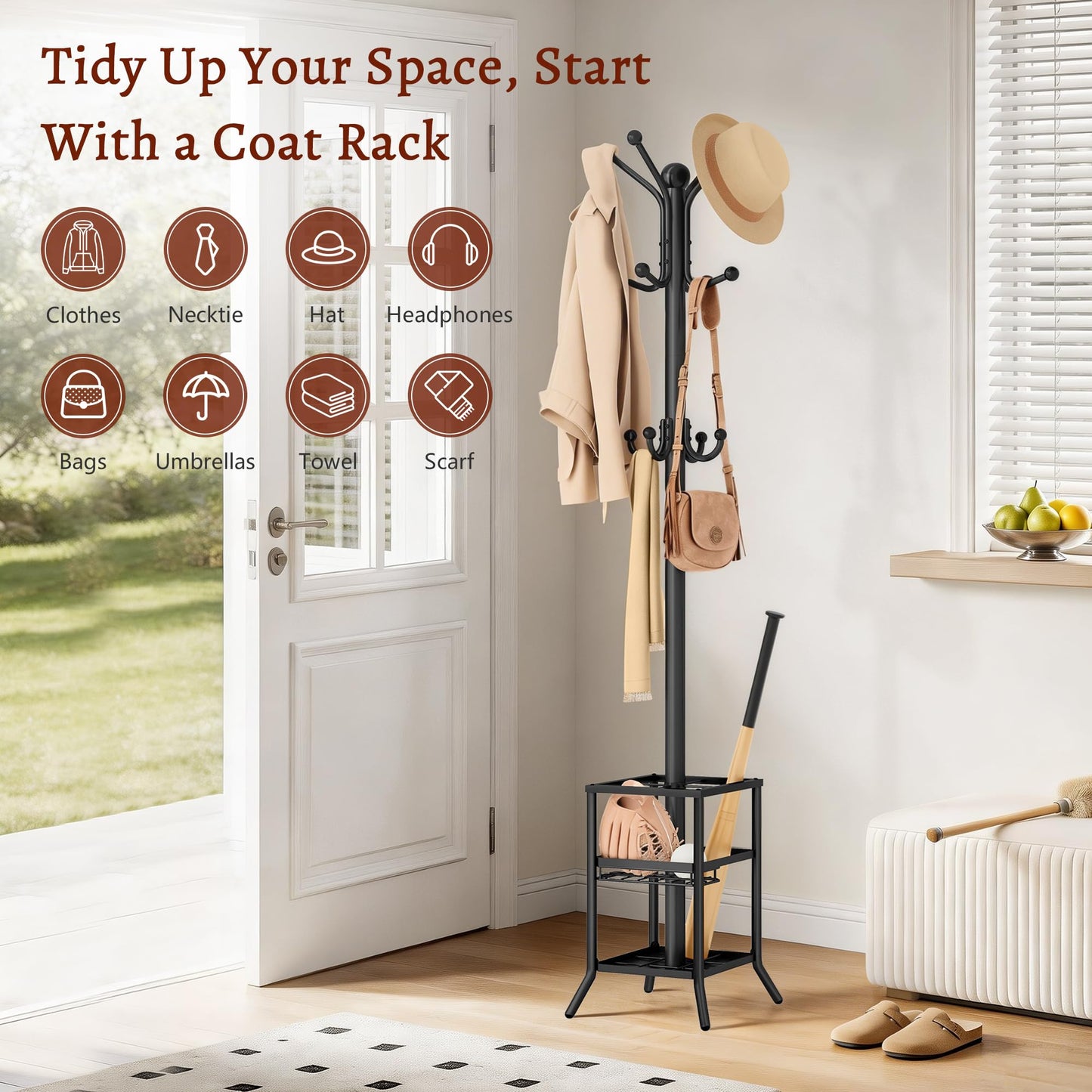 FAVOOSTY Coat Rack Freestanding,Coat Rack Stand with Umbrella Holder,Metal Coat Tree with 12 Hooks,Tree Clothes Hat for Entryway, Hallway, Bedroom, Living Room & Office -Black