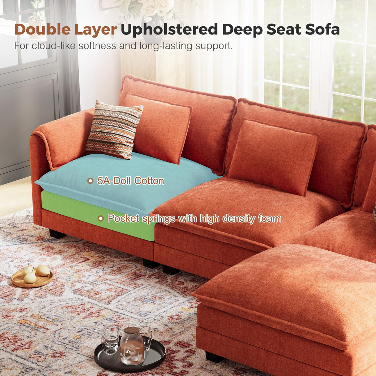 ABCASA 113" Oversized Cloud Couch Modular Sectional Couches for Living Room, Large 6-Seat Deep Seat Sleeper Sofa Bed Modern Sofa with Movable Ottoman and Throw Pillows for Apartment - Chenille Orange