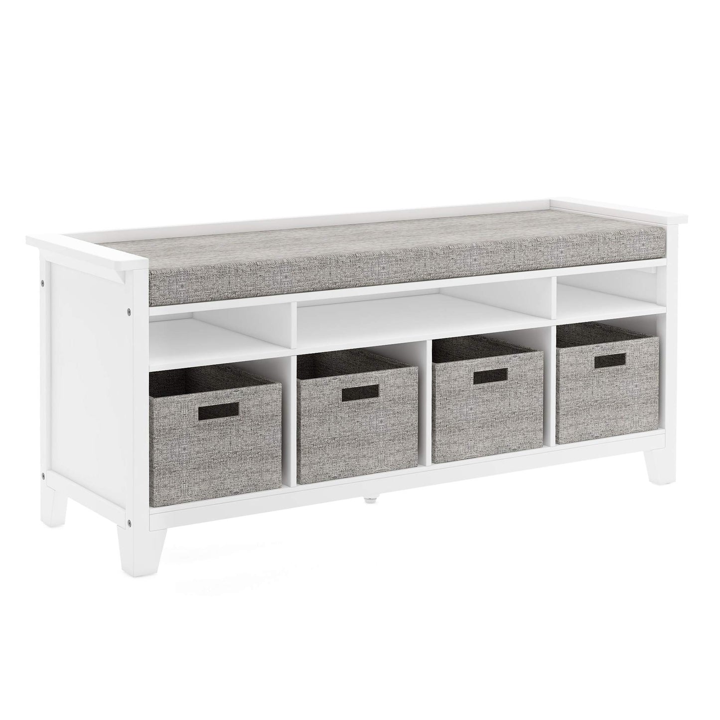 Martha Stewart Kids' Storage Bench - Linen White: Wooden Toy and Book Organizer with Shelves, Built-in Cushion and Fabric Bins for Playroom and Bedroom