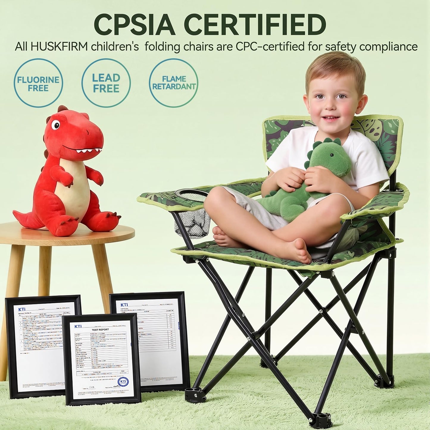 Huskfirm Padded Kids Camping Chair Folding Toddler Chair with Cup Holder & Safety Lock Portable Kids Beach Chair Ages 3-6 for Outdoor Camping Foldable Kids Chair Support 120lbs,Green Dinosaur