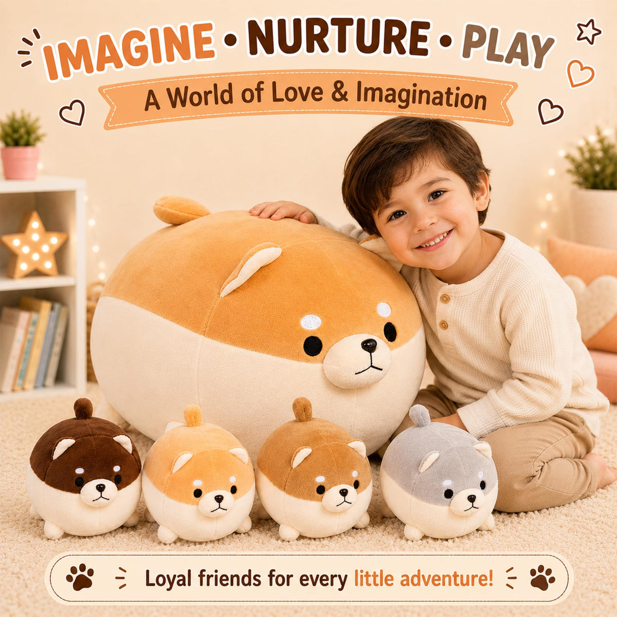PixieCrush Stuffed Dog Toy - Cute Plushies Shiba Inu Mommy with 4 Puppies - Adorable Plush Pillow for Imaginative Play - Puppy Surprise Soft Animal Toy Set for Girls - Stuffed Animals for Ages 3-8