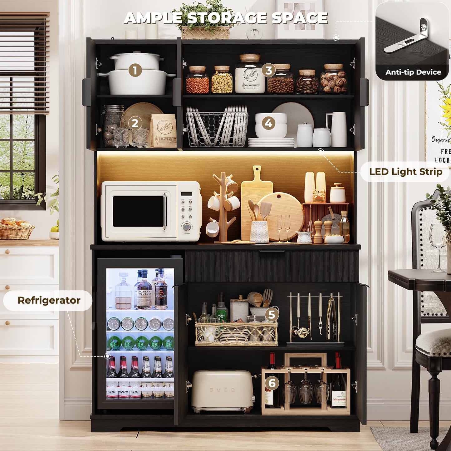Aauro Home 69" Kitchen Pantry with Fridge (Fridge Included), Fluted Coffee Bar Cabinet with LED Lights & Outlets, Tall Wine Bar Cabinet with Drawer & Storage Hutch for Living Room, Dining Room, Black