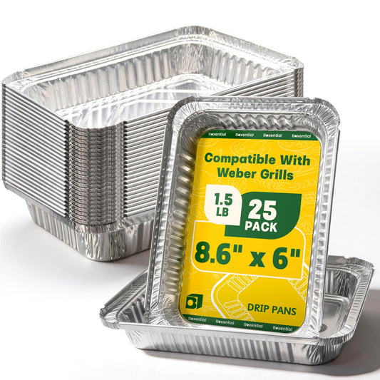 Boxential 25 Pack 8.6" x 6" Grill Drip Pans Compatible with Weber Q, Spirit & Genesis Series – Aluminum Grease Tray Liners for Weber Grill Drip Tray, Grease Catcher Replacement, Disposable Foil Pans