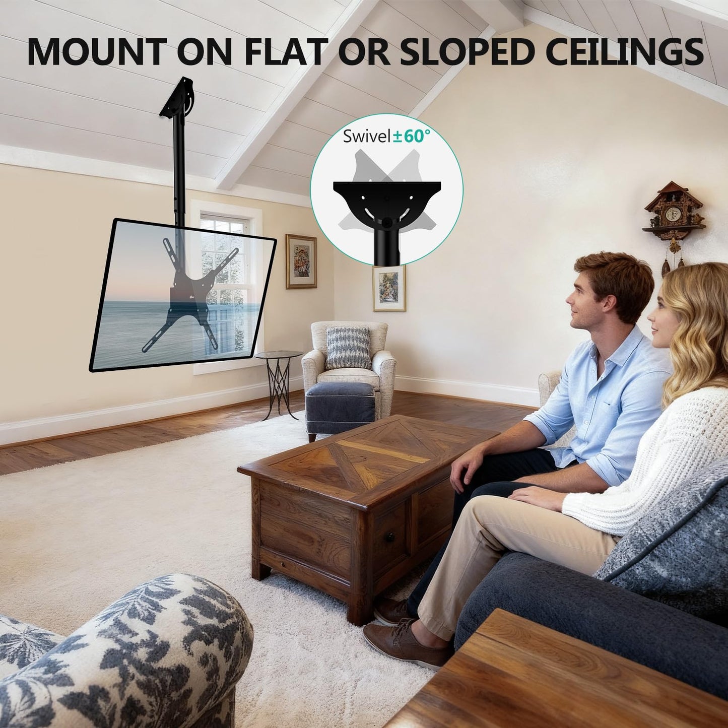 WALI Ceiling TV Mount for 26-65 Inch LCD LED OLED 4K TVs, Hanging Pole Ceiling Mount TV Bracket Up Down, TV Ceiling Mounts for Gym Patio Gazebo, up to 110 lbs, Max VESA 400x400mm (CM2665), Black