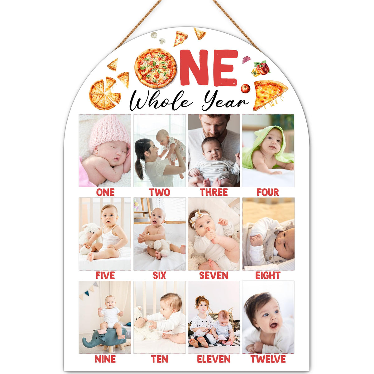 Pizza My First Year Photo Board, One Whole Year Birthday Decoration Photo Frame, 12 Monthly Baby Milestone Wooden Sign, Pizza Nursery Decor for Boy Girl, Gender Neutral Baby Keepsake Gifts-A07
