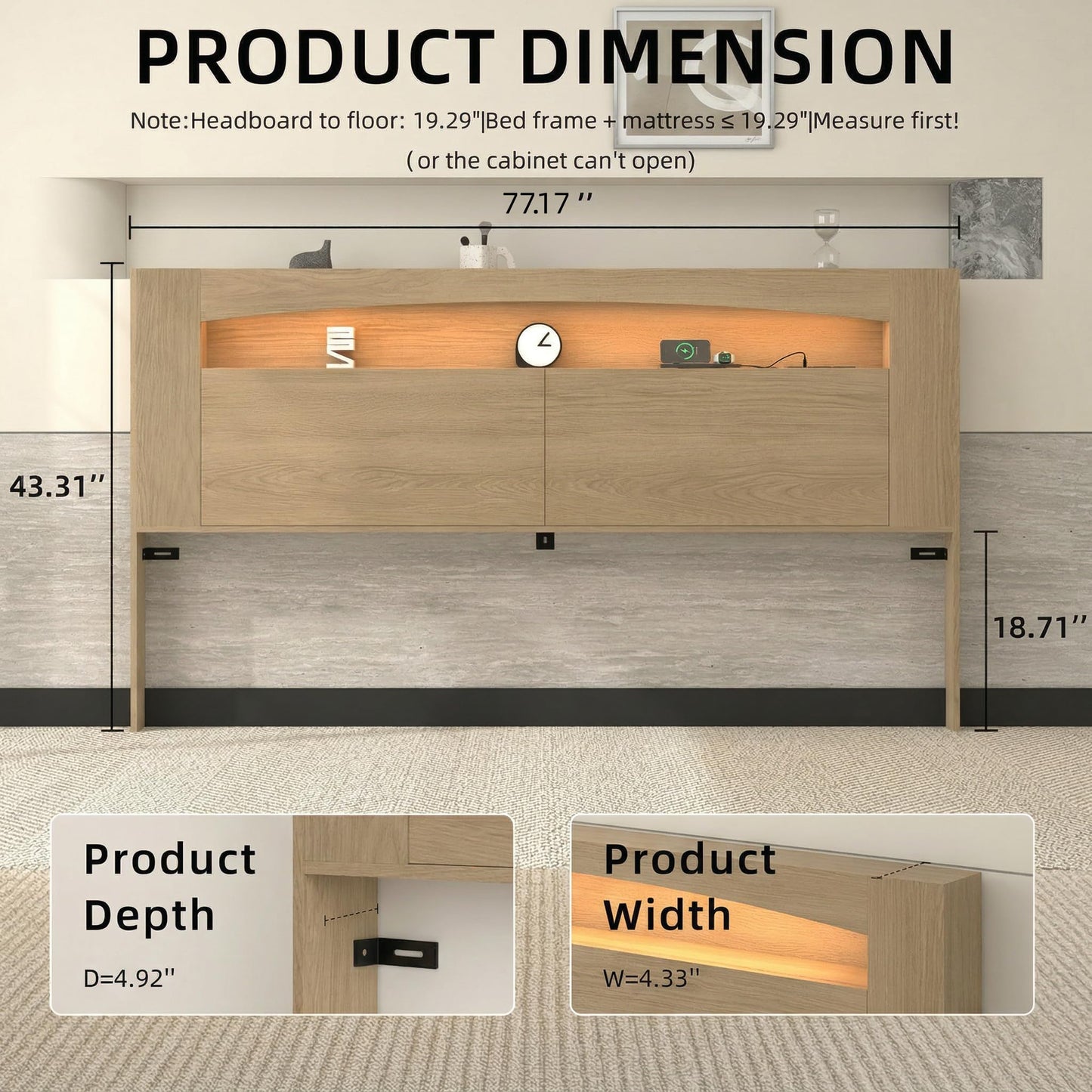 KATYGLORY King Size Headboard Only Modern Sturdy Wooden Bed Backboard Wall Mounted Head Board, 3 Storage Zones, Unique Skirting Groove, High Load Capacity with Solid Wood Leg (Oak, King)