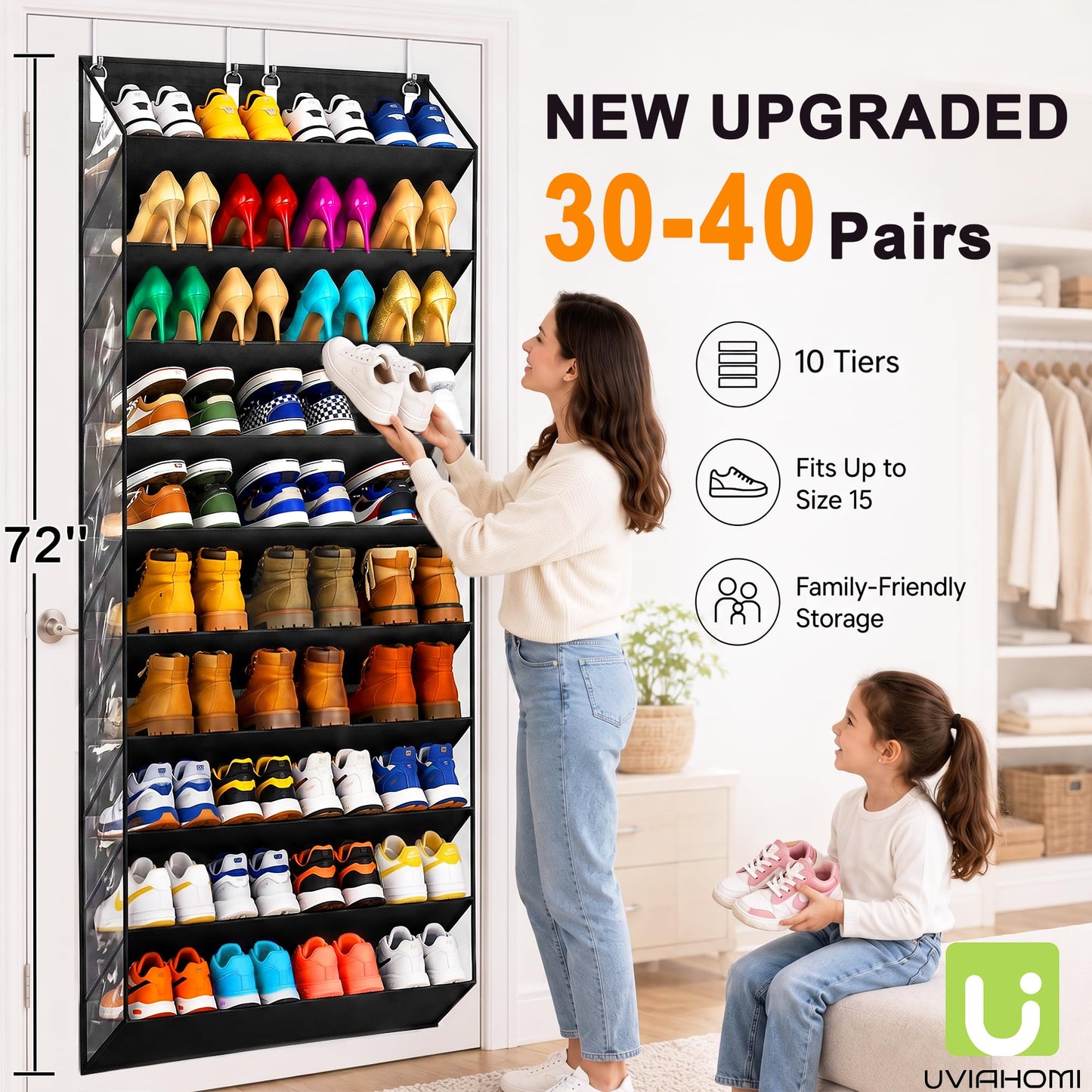UVIAHOMI 30-40 Pairs Over the Door Shoe Organizer, Clear Pockets Hanging Shoe Storage for Closet, 10-Tier Door Shoes Rack, Handing Shoes Holder Fit All the Family's Sneakers, Boots, Heels, Black