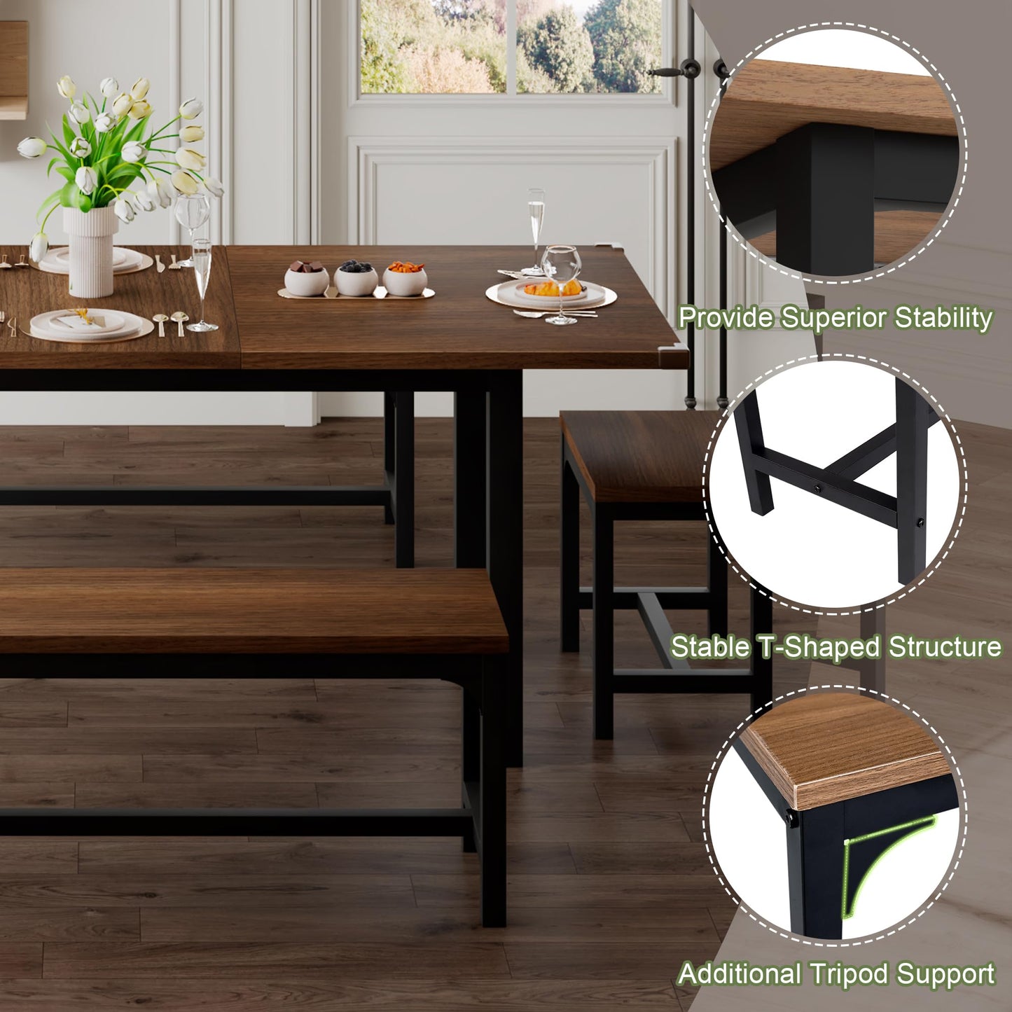 Feonase 5-Piece Dining Table Set for 4-8 People, 63" Extendable Kitchen Table with 2 Benches and 2 Square Stools, Mid-Century Modern Wooden Dining Room Table, Space-Saving, Walnut