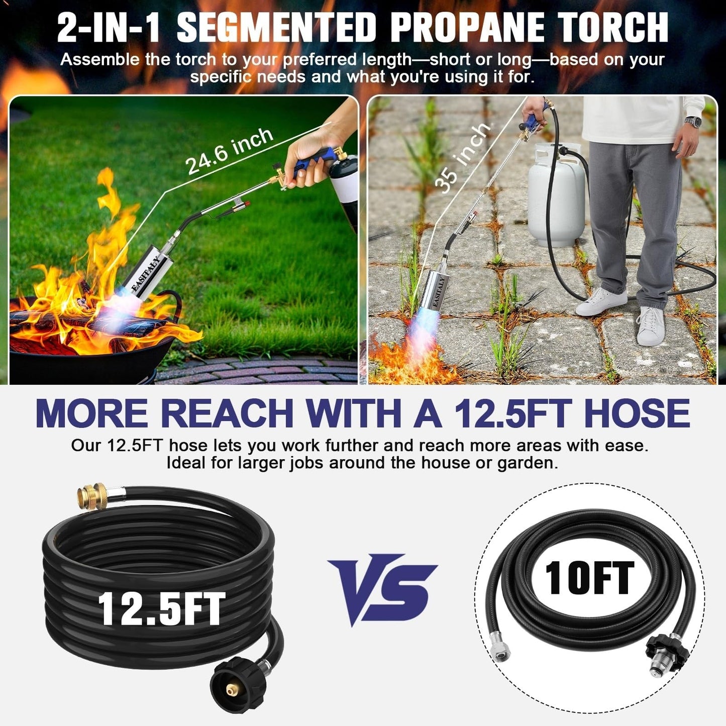 Propane Torch Weed Burner Kit with 12.5FT Hose, Heavy Duty Blow Torch Flamethrower with Long/Short Mode for Flame Weeding, Roofing, Road Marking and BBQ(35")