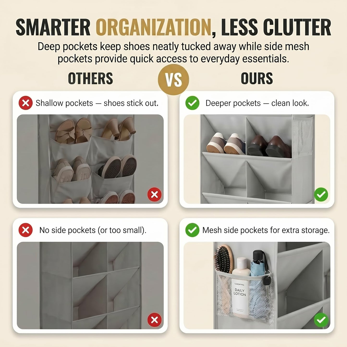 8 Tier Hanging Shoe Organizer – 100D Extra Thick Deep Pockets, Shoe Rack for Closet, Shoe Rack for Entryway, Over the Door Shoe Organizer for Closet with 6 Side Pockets for Boots (Dark Gray)