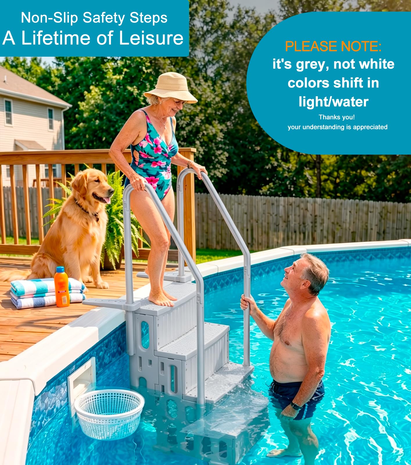 ROMIVO Pool Steps Above Ground with Handrails, 4-Step Above Ground Pool Ladder for 48"–56" Pools, Water-Fill Design, Anti-Slip Wide Treads, Video-Guided Easy Setup, Family Pool Entry Stairs