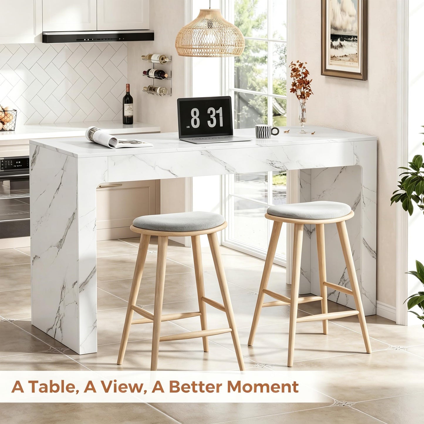 Miereirl 55” Bar Table，Modern Counter Height Pub Table, Long Bar Dining Table with Faux Marble Tabletop，Rectangular Home Bar Unit for 4-6 People, Kitchen, Living Room, Bar, Faux Marble