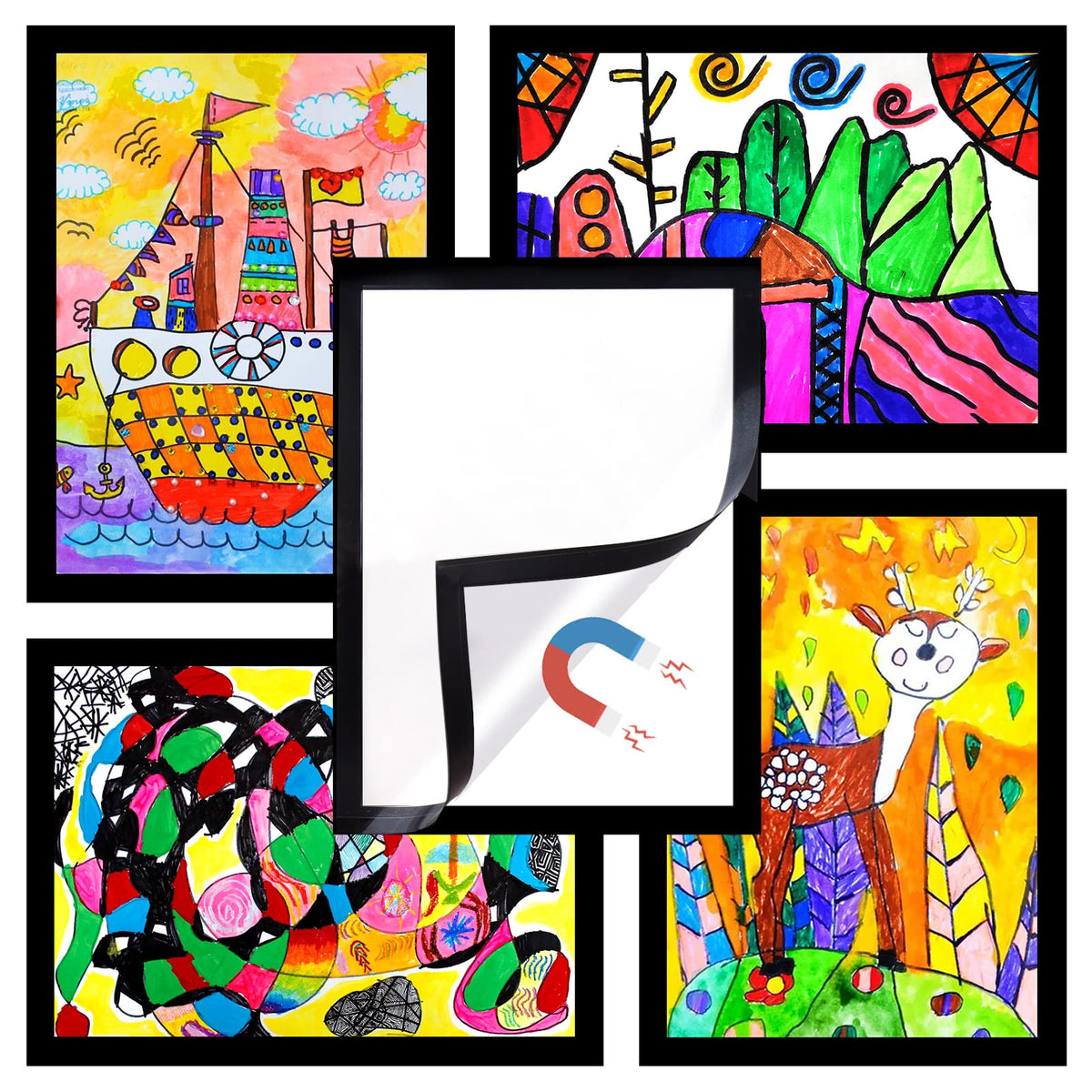 Vodolo 5-Pack Kids Artwork Frames Changeable, Kids Art Display Frame with Self Adhesive Backing, Magnetic Children Artwork Storage Frames, A4 Picture Frames Changeable for Drawing Crafting
