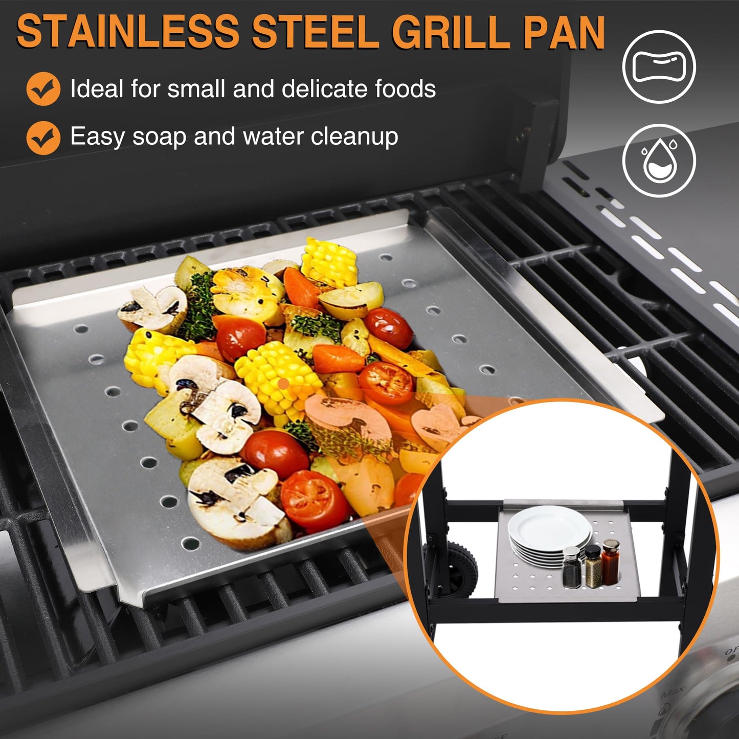GRILL DEPOTS Propane Gas Grill with Folding Side Tables, 3-Burner Gas Grill with Cast Iron Grates and Stainless Steel Griddle Pan, Outdoor BBQ Grill Portable with Wheels 30,000 BTU Output