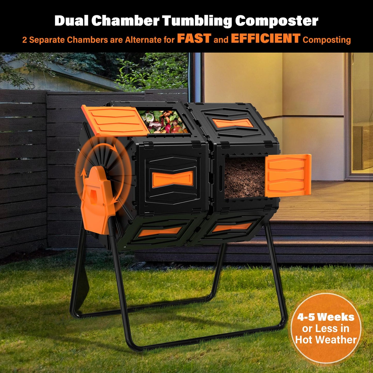 Compost Tumbler, Easy Assemble & Efficient Outdoor Compost Bin, 45 Gallon/170 Liter Large Dual Chamber Rotating Composter for Garden, Kitchen, and Yard Waste, Orange Door