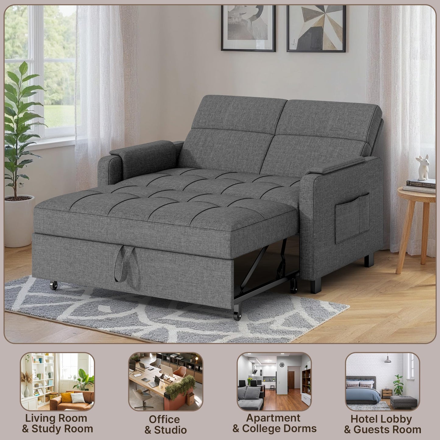 Gizoon Convertible Sofa Bed, 3-in-1 Pull Out Couch, 5-Position Adjustable Backrest & Side Pockets, Modern Small Loveseat Sleeper Sofa for Living Room, Apartment, Dorm, Studio, Guest Room, Grey