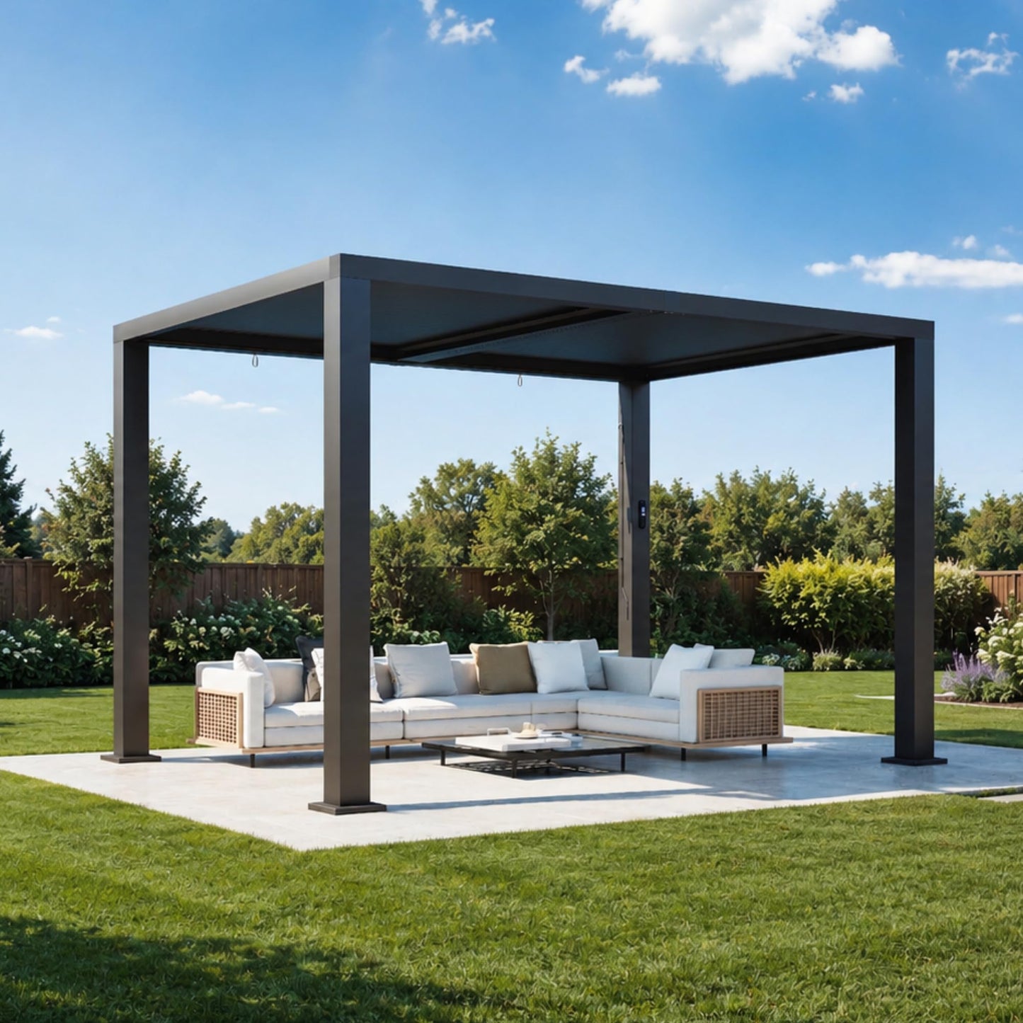 Aoxun Motorized Louvered Pergola 9' x 12', Electric Retractable Outdoor Pergola with 2 Independent Adjustable Roofs, Built-in LED Lighting & Power Outlet, Rust-Resistant Frame for Patio & Backyard