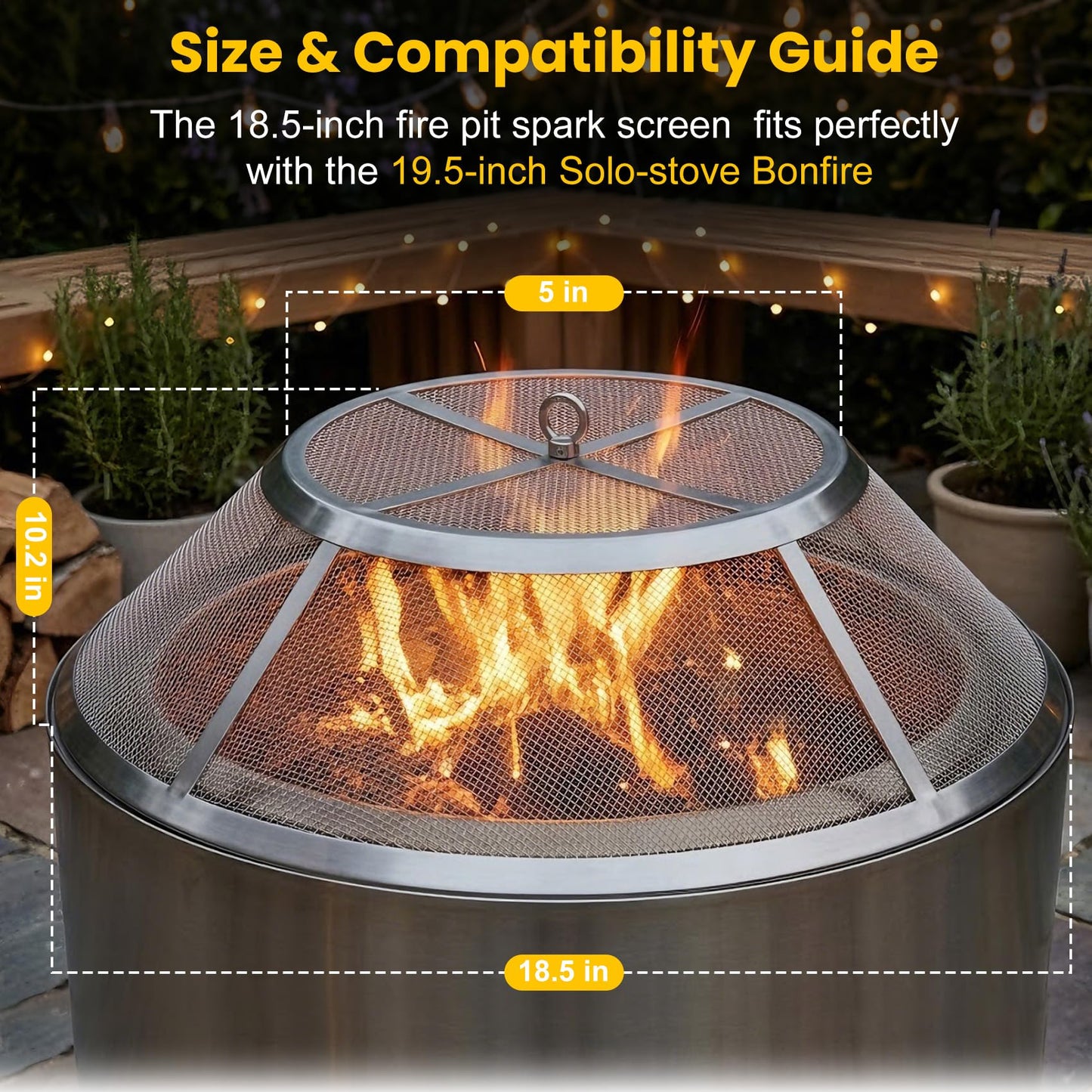 One-Piece Fire Pit Spark Screen for Solo Stove Bonfire, 19.5 Inch No-Install 304 Stainless Steel Solo Stove Spark Screen, Fire Pit Spark Screens with Handle for Backyard, Patio, Camping, RV and Beach