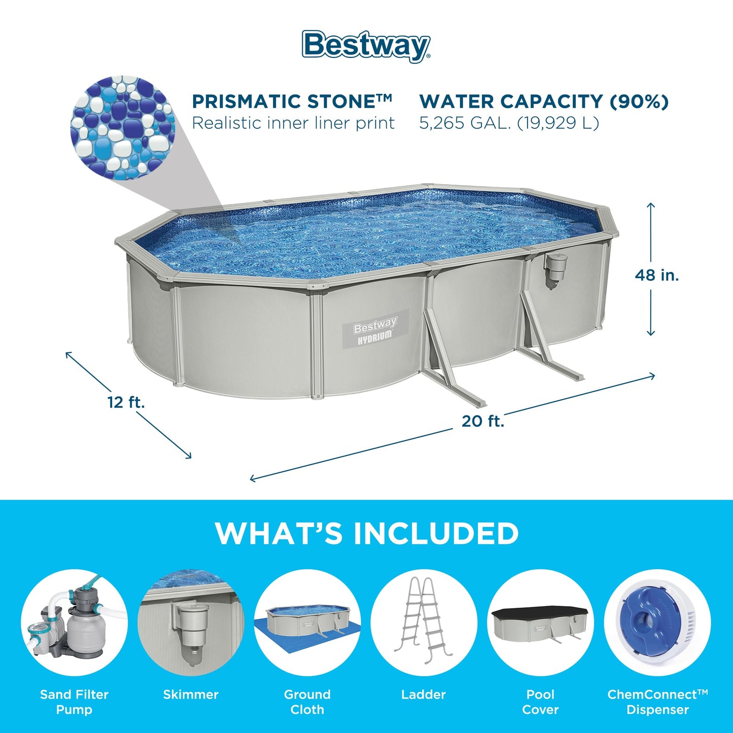 Bestway Hydrium 20' x 12' x 48" Above Ground Pool, Oval Steel Side Wall Frame Outdoor Swimming Pool Set with Sand Filter Pump, Ladder & Accessories