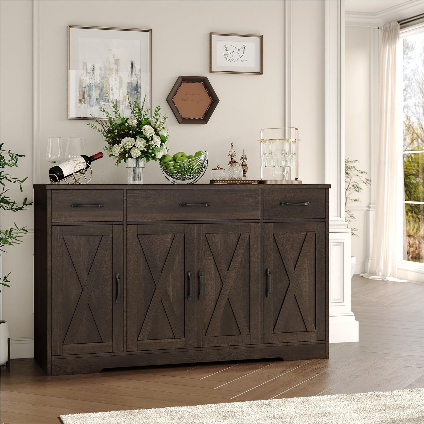 HOSTACK Buffet Cabinet with Drawers, 55" Large Sideboard Buffet Storage Cabinet with Shelves and Doors, Modern Farmhouse Coffee Bar Station Wood Kitchen Table for Kitchen, Dining Room, Dark Brown