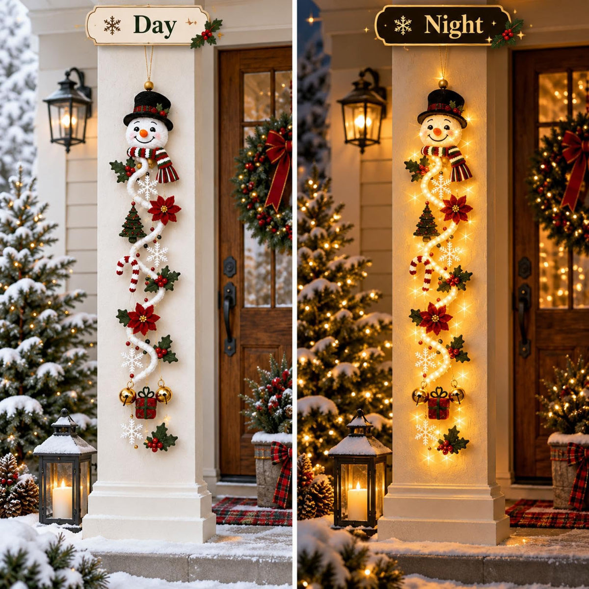 Illuminated Snowman Christmas Door Hanger, Warm Led Lighted 3D Dimensional Holiday Hanging Decor, for Front Door, Porch Column, Wall, Window & Covered Outdoor Entryway，A