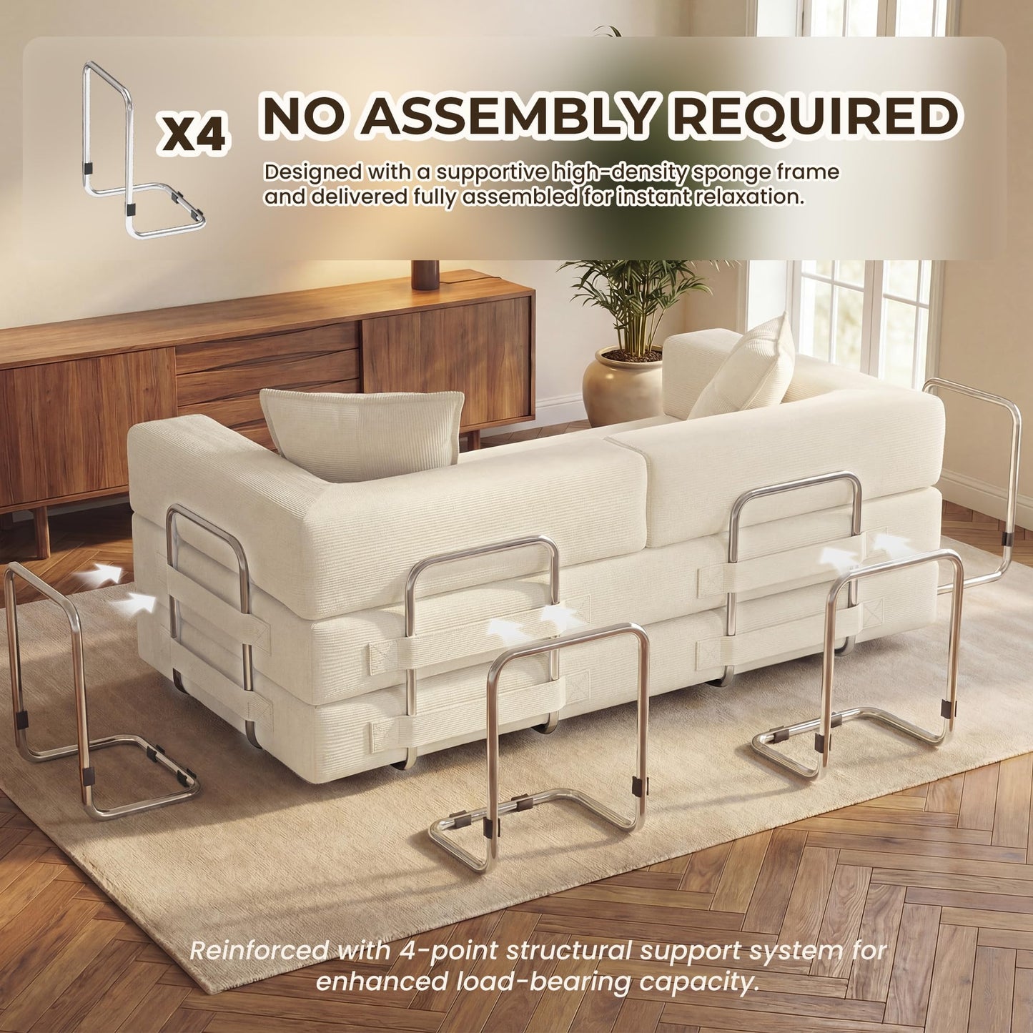 GRUSIGN 78 Inch Convertible Sofa Bed, 5-in-1 Futon Sofa Bed Pull Out Couch, Boneless Couch Bed for Living Room, Corduroy Boneless Couches for Bedroom, Apartment, No Assembly Sleeper Sofa Bed, Beige