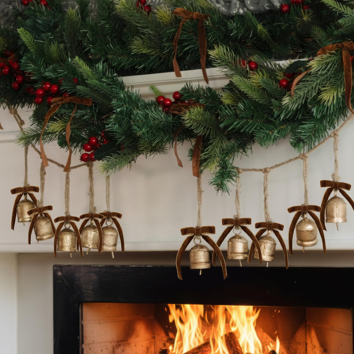 Rustic Golden Christmas Bell Ornaments & Velvet Bows - Set of 10