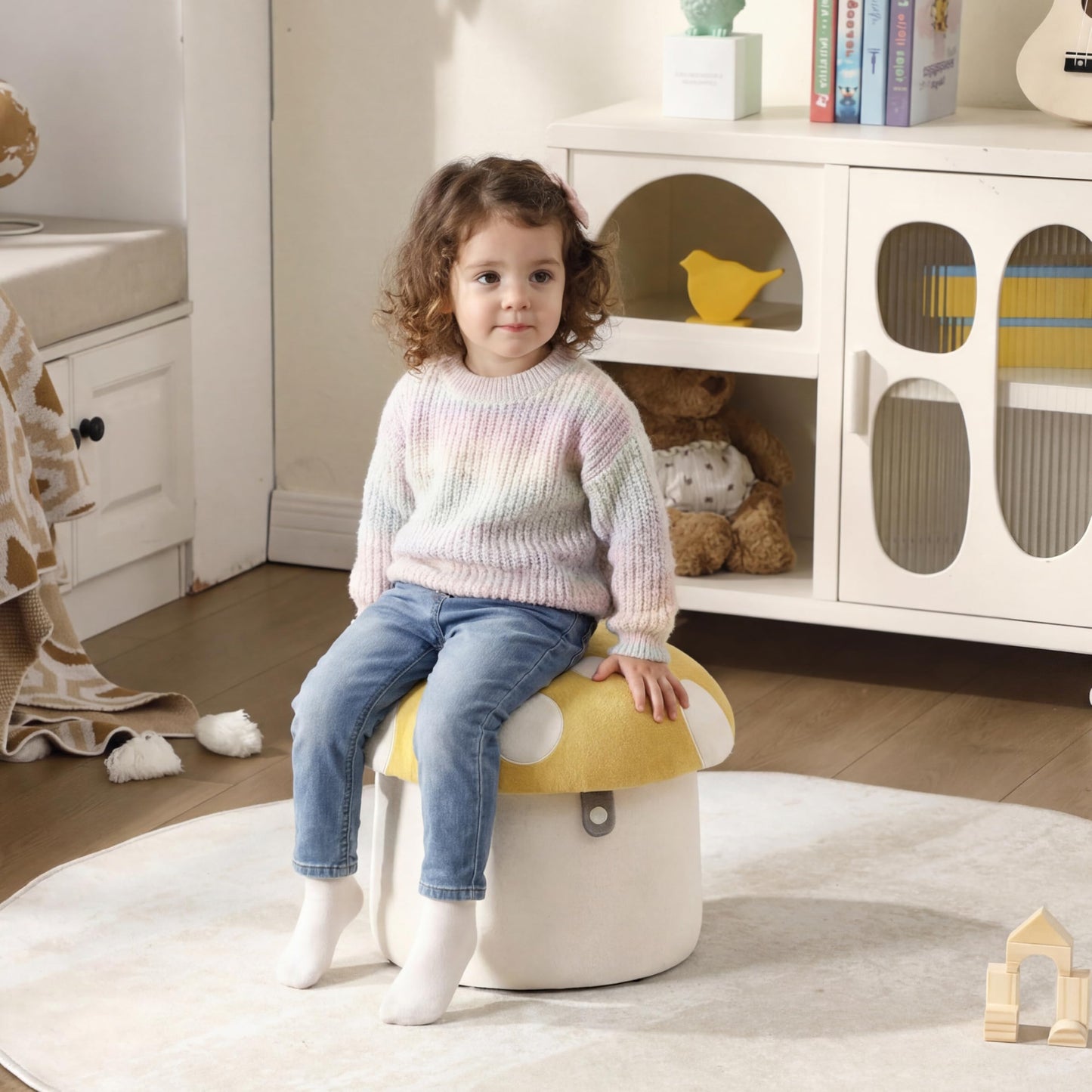 DAYAOUTDOOR Kids Mushroom Storage Ottoman, Cute Kids Desk Chairs, Mushroom Armchair, Children Round Storage Ottomans, Small Multi-Purpose Footstool for Playroom & Bedroom, Yellow Mushroom