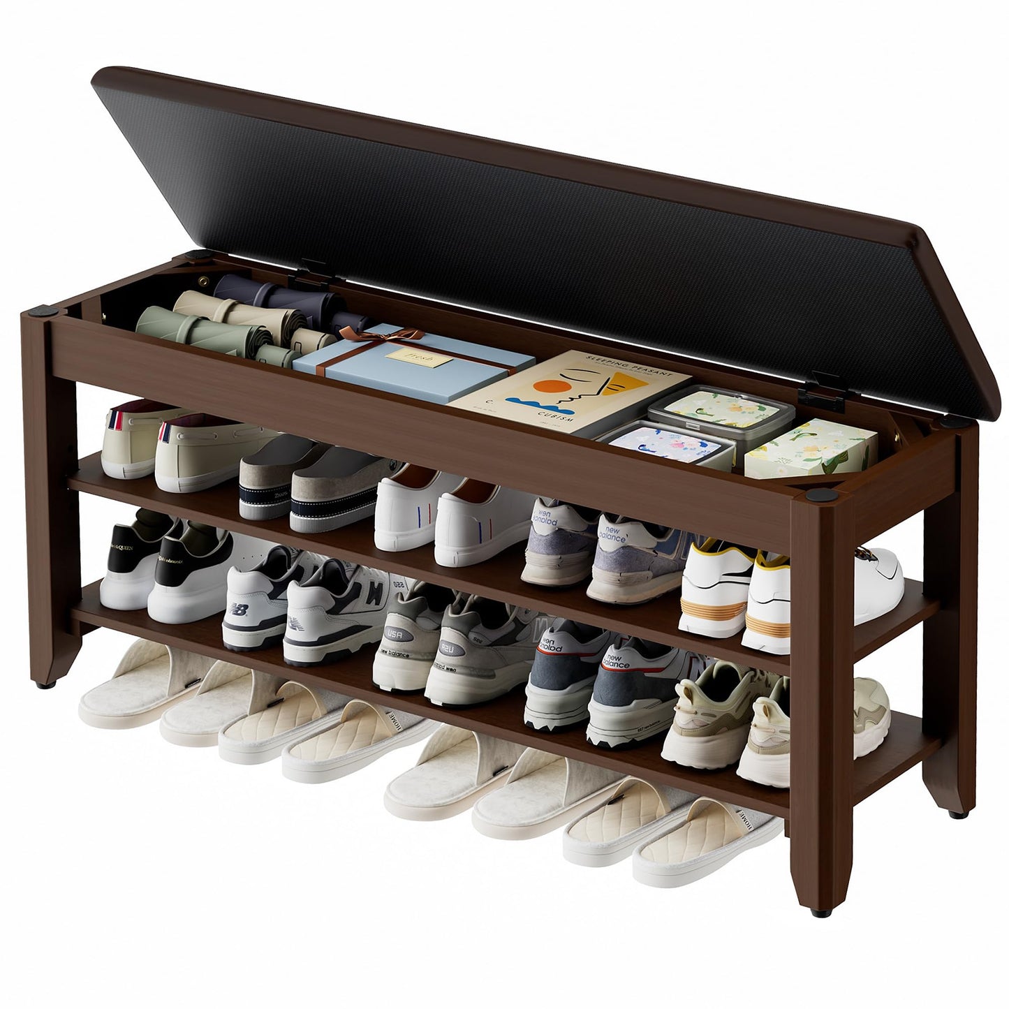 Homleke 39.4" Wide Solid Wood Shoe Rack Bench with Flip-Top Storage