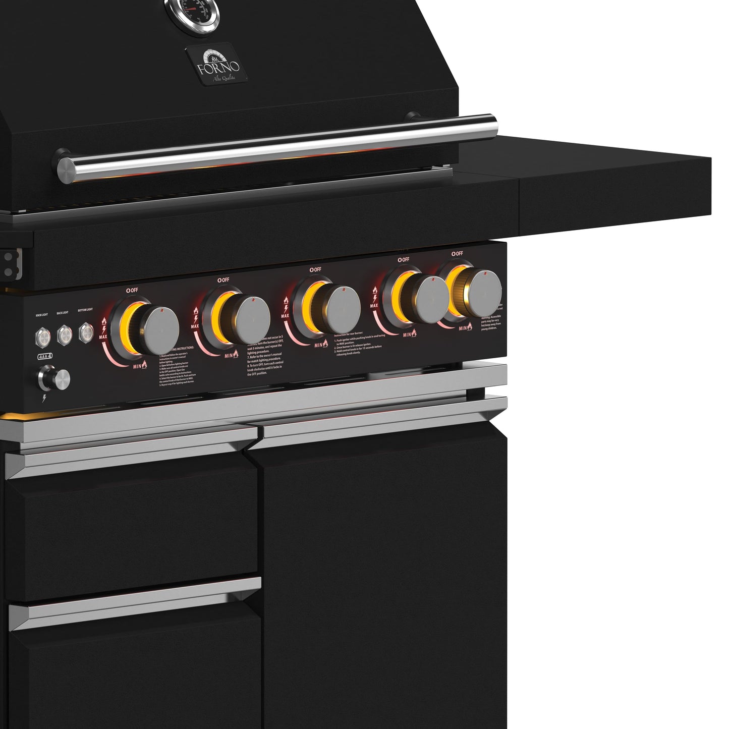 Forno All’Aperto 62,600 BTU Outdoor BBQ Grill Station w/ 3 Stainless Steel Burners, Infrared Burners, Sink Module, Black Sintered Stone Countertops, Rotisserie Kit, Bar & Beverage Center - Black