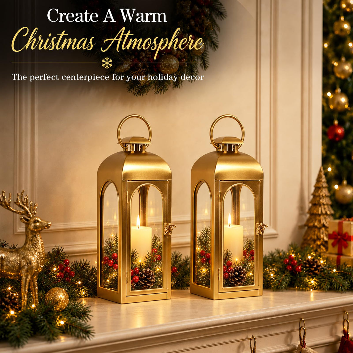 Christmas Decorative Lanterns Gold Metal Candle Holders 16 Inch 2 Pack