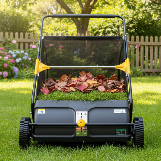 KEIKI 26 Inch Hand Push Lawn Sweeper, Leaf & Grass Collector with Adjustable Brush Height, Pickup Sweeper for Yard Leaf Picker Upper, Large 7 Cu. Ft Hopper Bag Capacity, Easy Assembly, Black